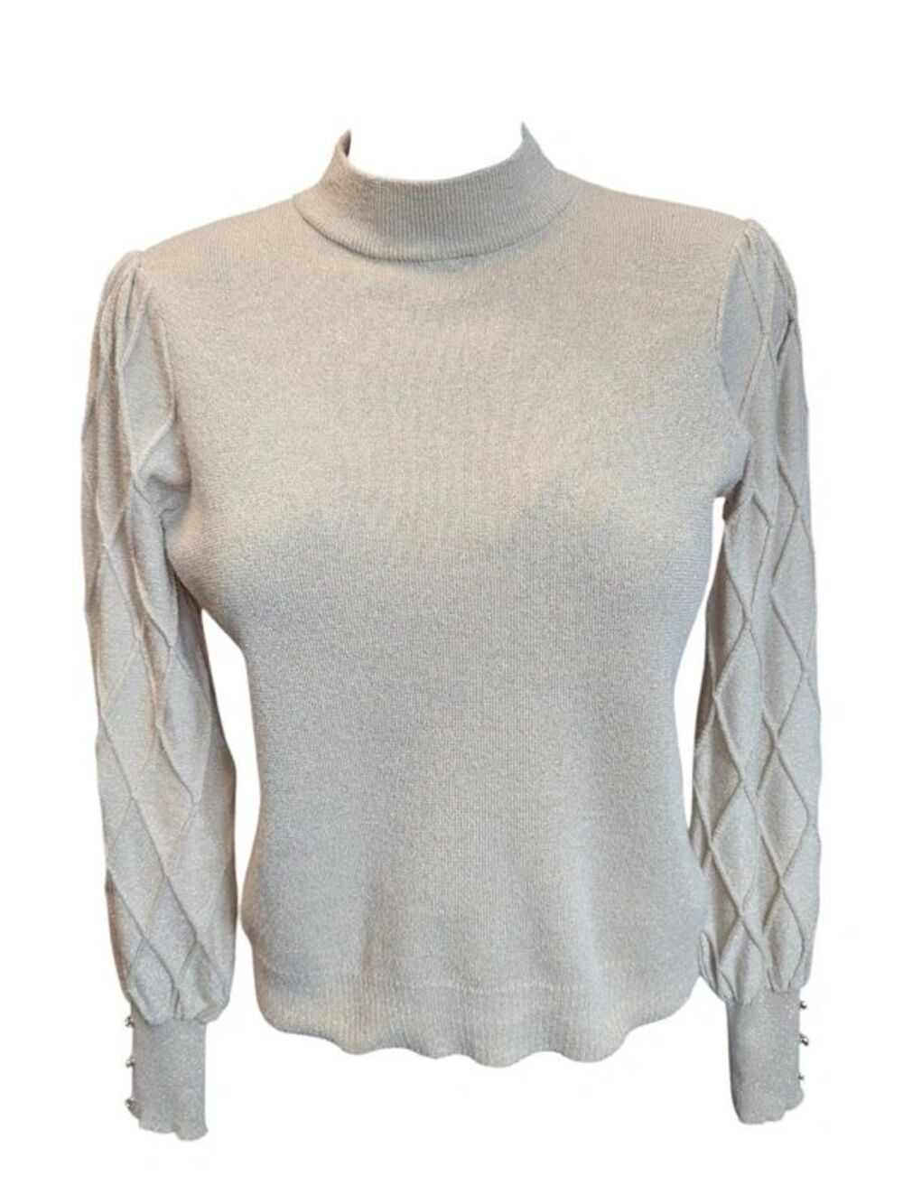 Nanette Lepore Sparkly Cream Gold Glitter Sweater Lattice Sleeves Size S